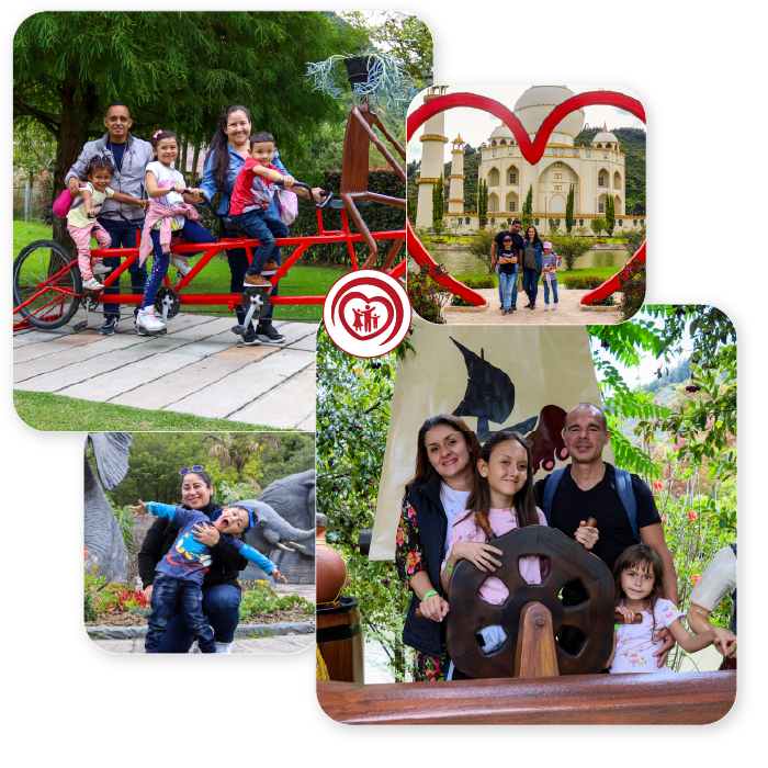Visitantes disfrutando experiencias empresariales en familia dentro del parque, compartiendo momentos de conexión, naturaleza y trabajo en equipo.