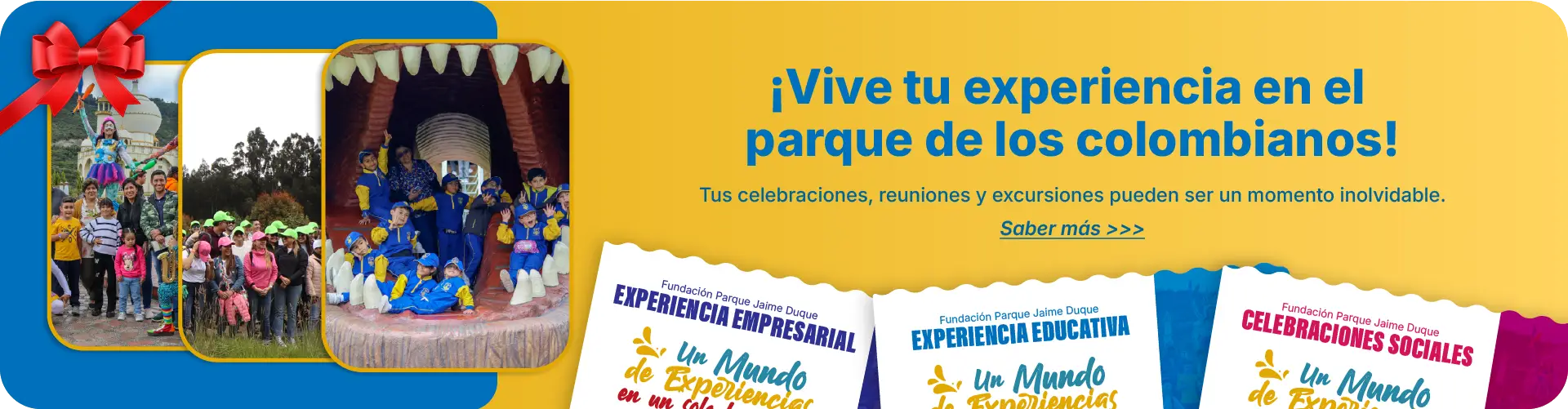 Banner promocional de experiencias escolares, eventos empresariales y celebraciones sociales