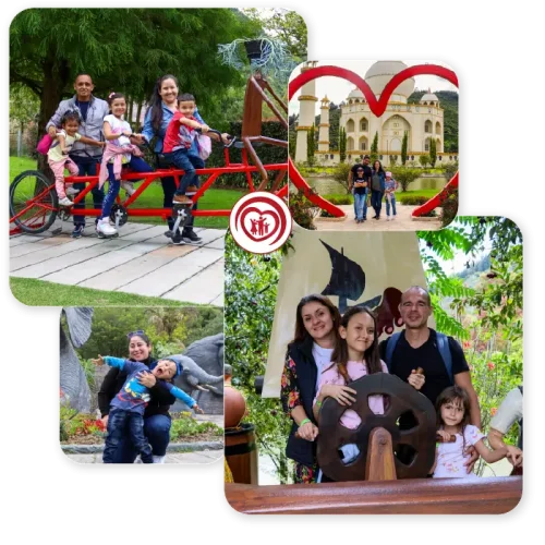 Visitantes disfrutando experiencias empresariales en familia dentro del parque, compartiendo momentos de conexión, naturaleza y trabajo en equipo.